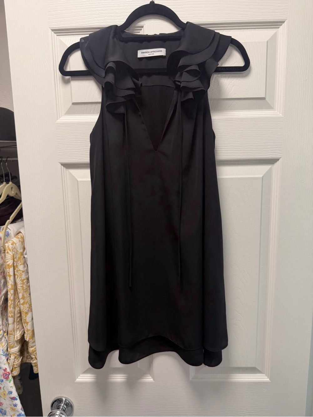 Amanda Uprichard Black Ruffle-Trim V-Neck Mini Dress